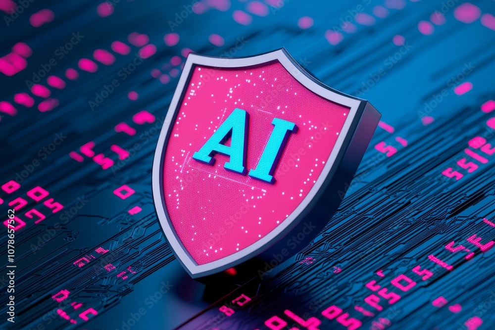 A red AI shield represented as a symbol of advanced technology and cybersecurity in a digital landscape A red AI shield represented as a symbol of advanced technology and cybersecurity in a digital landscape