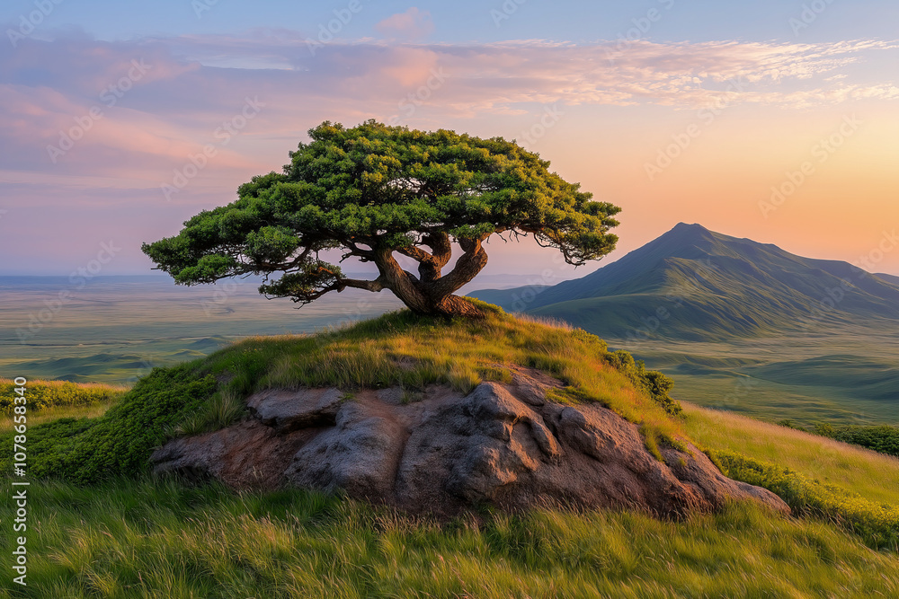 Solitary Tree on Rocky Hill with Scenic Mountain Background at Sunset, Depicting Tranquility and Natural Beauty. Solitary Tree on Rocky Hill with Scenic Mountain Background at Sunset, Depicting Tranquility and Natural Beauty.