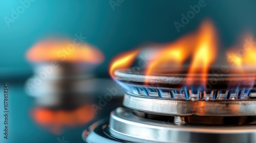 A close-up of two gas stove burners with crisp blue flames, representing modern cooking efficiency and the essential convenience of kitchen appliances. photo