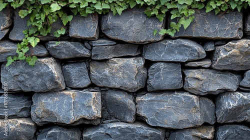 A textured stone wall with green ivy climbing over the top.