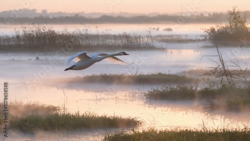 Majestic Swan Gracefully Soaring Over Misty Wetlands in the Soft Glow of Dawn. Nature Landscape Photography Concept.