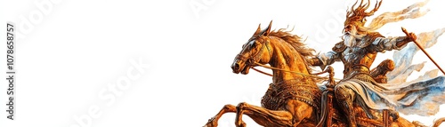 Heroic figure on a majestic horse, dynamic pose, isolated on white background. photo