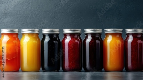 An assortment of colorful jars showcasing various contents, highlighting the diversity and appeal of preserved goods, great for culinary or organizational themes. photo