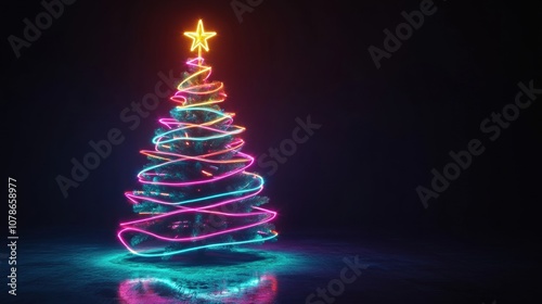 Wallpaper Mural Christmas tree glowing with neon streaks on dark background Torontodigital.ca