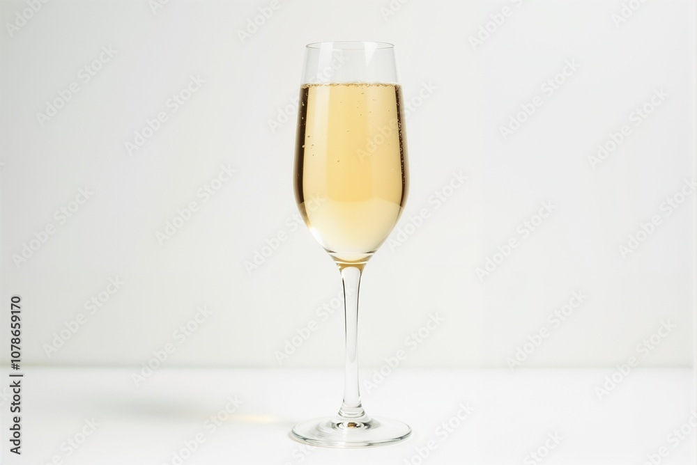A sparkling glass of champagne is elegantly resting on a white table A sparkling glass of champagne is elegantly resting on a white table