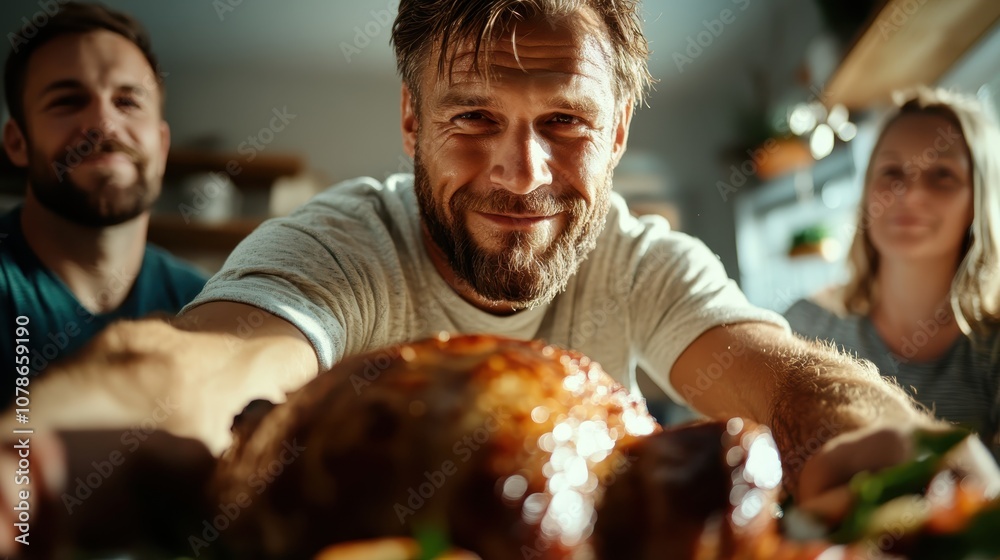 A joyful family gathers around to share a beautifully roasted turkey, capturing the essence of warmth, gratitude, and togetherness in a lively kitchen setting. A joyful family gathers around to share a beautifully roasted turkey, capturing the essence of warmth, gratitude, and togetherness in a lively kitchen setting.