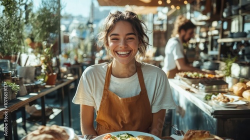 A smiling chef wearing an apron greets the camera warmly while serving delectable food in a cozy, rustic kitchen setting filled with natural light.