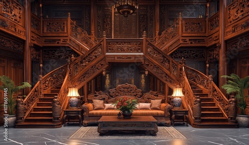 AI generator image of Chinese decoration room, retest Chinese dragon carved wood stairs,Chinesedragon carved solid wood sofa,magnificent architecture, full oflight, Luxurious gold tones photo