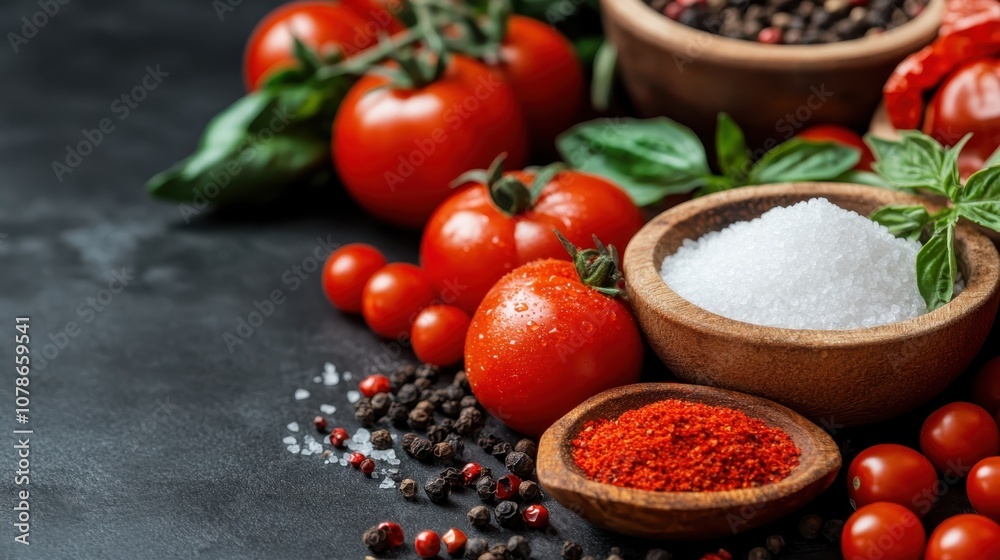 In this vibrant kitchen setting, fresh tomatoes are paired with spices like salt and paprika, accompanied by bowls of pepper and surrounded by fresh basil leaves. In this vibrant kitchen setting, fresh tomatoes are paired with spices like salt and paprika, accompanied by bowls of pepper and surrounded by fresh basil leaves.