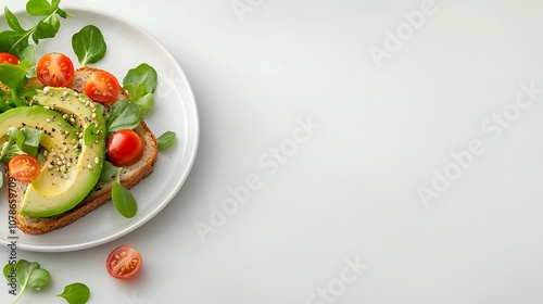 A single slice of toast topped with avocado, cherry tomatoes, and watercress, on a white plate against a white background with copy space.