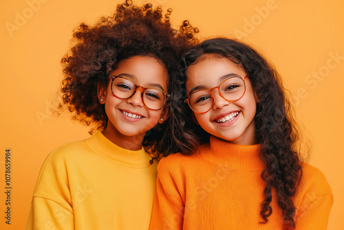  Two Happy Girls with Glasses Smiling Together Against Vibrant Orange Background