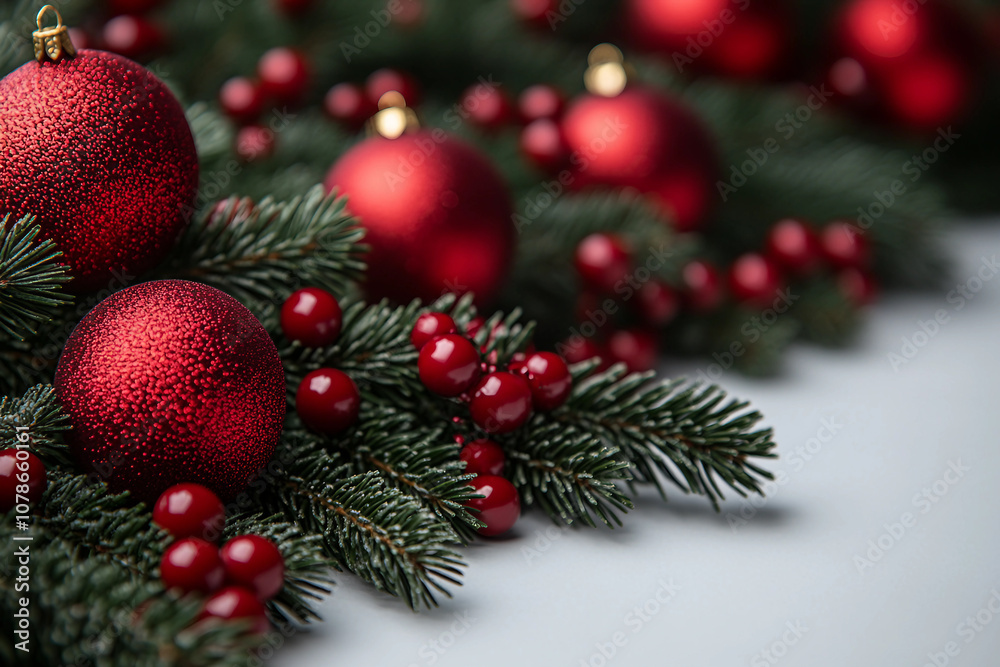 Fototapeta premium Generative AI image of shiny Christmas baubles in festive holiday colors against empty blank space for adv