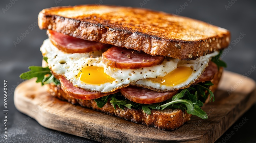 An enticing double-layer sandwich with two fried eggs, salami slices, and arugula, perfectly toasted on golden bread, ideal for a hearty breakfast experience. An enticing double-layer sandwich with two fried eggs, salami slices, and arugula, perfectly toasted on golden bread, ideal for a hearty breakfast experience.
