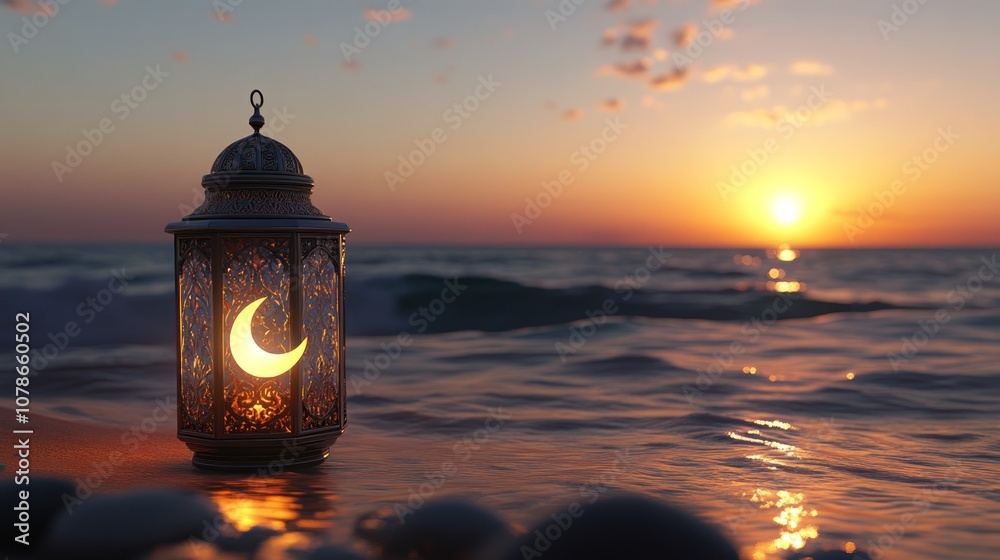A traditional lantern with a crescent moon inside illuminates the beach at sunset. A traditional lantern with a crescent moon inside illuminates the beach at sunset.