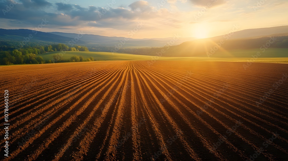 Agricultural field bathed in golden sunrise light, featuring plowed furrows and rolling hills in background, with misty atmosphere and sun rays piercing through morning clouds. Agricultural field bathed in golden sunrise light, featuring plowed furrows and rolling hills in background, with misty atmosphere and sun rays piercing through morning clouds.
