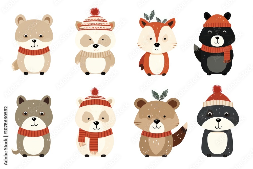 Obraz premium Adorable winter animals in cozy knitted attire with festive hats