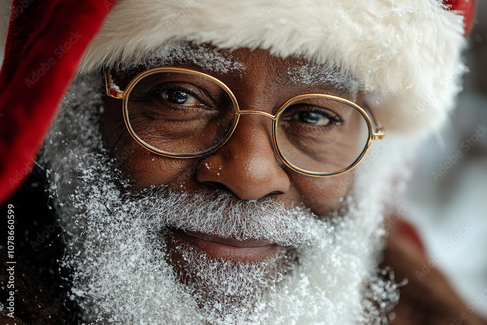 Portrait of a funny kind Black Santa Claus with frosted beard and glasses for Merry Christmas celebration, Generative AI Portrait of a funny kind Black Santa Claus with frosted beard and glasses for Merry Christmas celebration, Generative AI