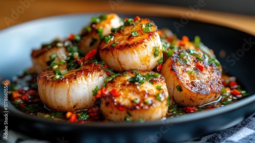 Exquisite pan-seared scallops in a spicy, herb-infused sauce, meticulously arranged on a plate, capturing bright colors, flavors, and artistic culinary presentation. photo