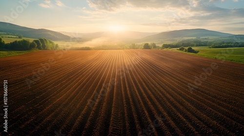 Agricultural field bathed in golden sunrise light, featuring plowed furrows and rolling hills in background, with misty atmosphere and sun rays piercing through morning clouds.