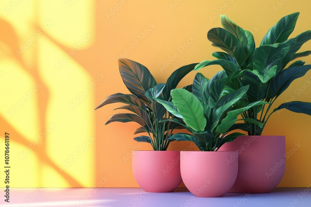 A trio of vibrant green plants in pink pots against a bright yellow wall, casting playful shadows, creating a cheerful and modern decor vibe. A trio of vibrant green plants in pink pots against a bright yellow wall, casting playful shadows, creating a cheerful and modern decor vibe.