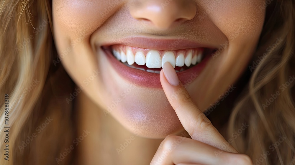 Close-up of a woman's bright, white smile. Her finger lightly touches her bottom lip. Close-up of a woman's bright, white smile. Her finger lightly touches her bottom lip.