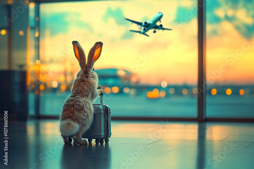Obraz na płótnie A whimsical rabbit with a suitcase and fluffy tail and long ears gazes from the airport waiting room at a plane taking off during a warm sunset. Adventure and wanderlust concept