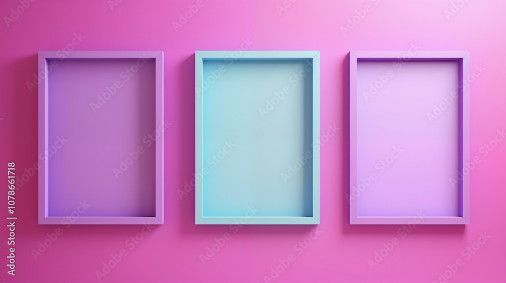 Vibrant Trio of Empty Frames on Pink Wall in Pastel Tones