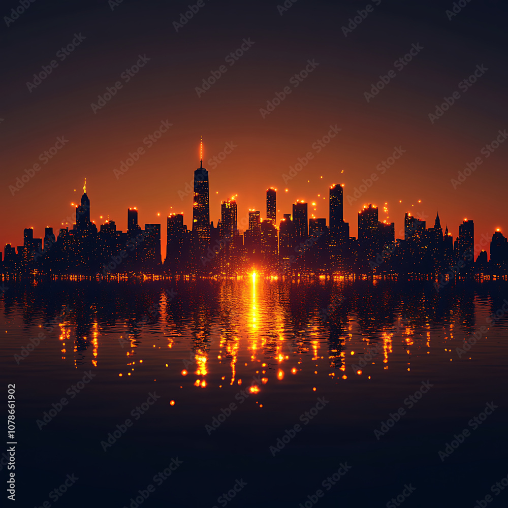 glowing outline of city skyline at dusk, reflecting on water, creates serene and captivating atmosphere. warm colors evoke sense of tranquility and beauty glowing outline of city skyline at dusk, reflecting on water, creates serene and captivating atmosphere. warm colors evoke sense of tranquility and beauty