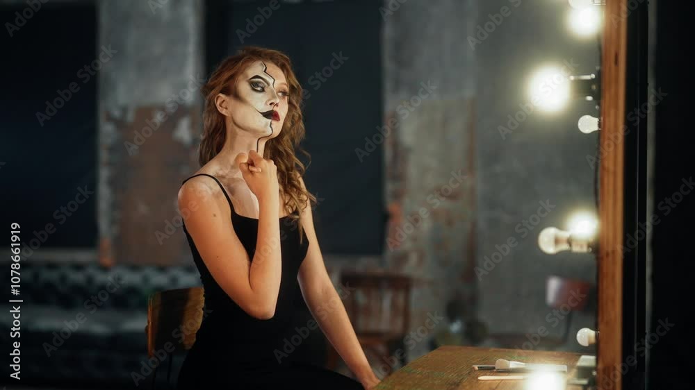 Woman doing makeup in dressing room, playing role for be accepted by society. Portrait of sexy lady with fantasy makeup, internal struggle and dual personality, psychological disorder of modern people Woman doing makeup in dressing room, playing role for be accepted by society. Portrait of sexy lady with fantasy makeup, internal struggle and dual personality, psychological disorder of modern people