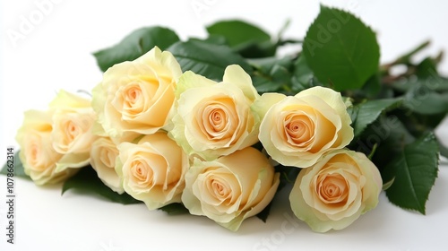 A bouquet of six cream-colored roses with green leaves lies on a white background.