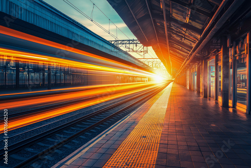 High-Speed Train Motion at Sunset in Modern Railway Station Depicting Transportation and Urban Commute Concept.