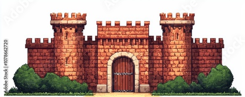 Medieval Castle Gate with Towers and Brick Wall Pixel Art Illustration