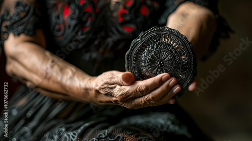 Close-up of the elegant hands of a flamenco dancer, holding a decorative castanet in a poised, graceful position.  photo