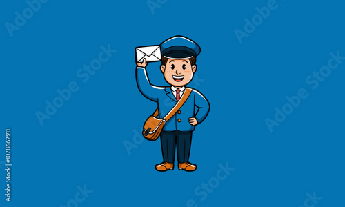 Cheerful mailman holding an envelope, isolated on blue.