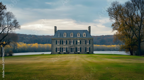 Hudson Valley historic stone estate with apple orchards and river views, restored Dutch colonial manor in Upstate New York photo