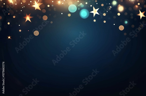 Abstract blurred bokeh lights on dark blue background - festive Christmas and new year holiday template with glittering defocused stars and sparkling effects