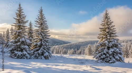 Christmas scene with fir trees in snowy winter landscape