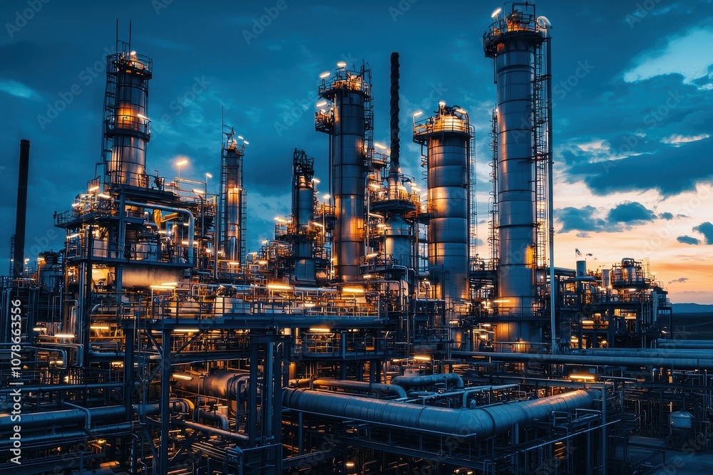 Stunning Night View of a Modern Industrial Complex with Towering Structures, Pipes, and Illuminated Equipment Against a Dramatic Sky at Dusk Stunning Night View of a Modern Industrial Complex with Towering Structures, Pipes, and Illuminated Equipment Against a Dramatic Sky at Dusk