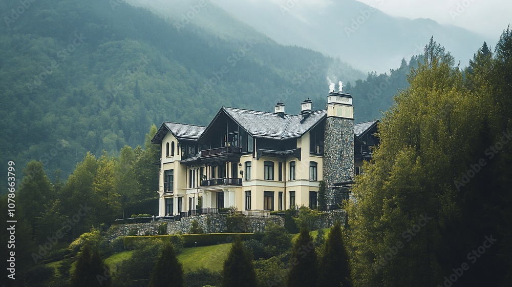 Fototapeta premium A large, luxurious home nestled in the foothills of a mountain range.