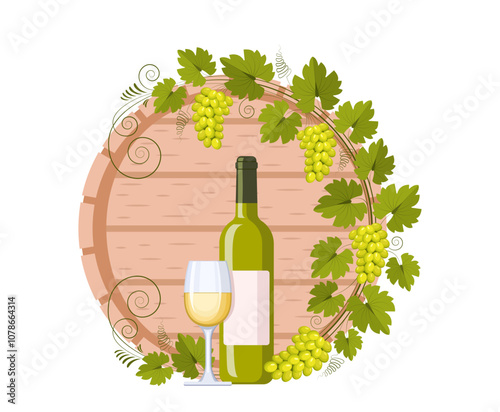 Barrel, bottle, glass of white wine and grape branch with bunches of grapes and leaves. Concept of winemaking, production and sale of wine, growing grapes. Vector vintage pattern for menus and labels.