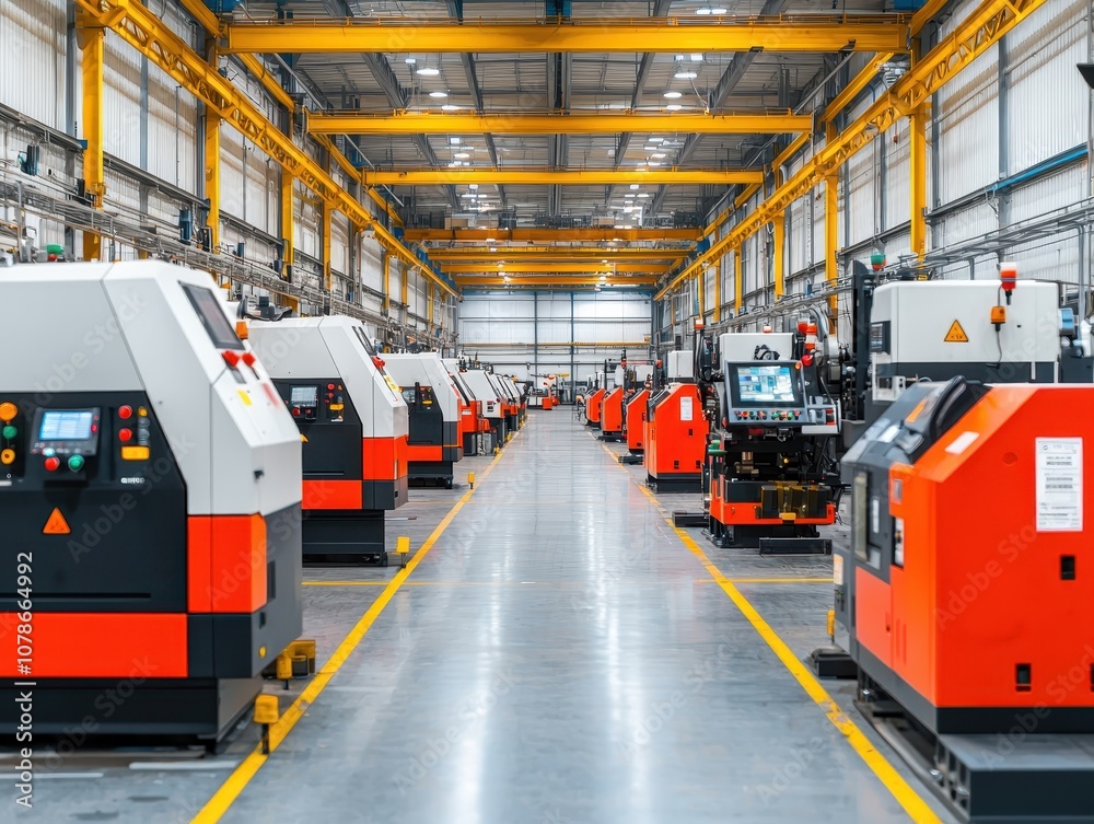 A modern manufacturing facility showcasing numerous automated machines arranged in orderly rows under bright industrial lighting. A modern manufacturing facility showcasing numerous automated machines arranged in orderly rows under bright industrial lighting.