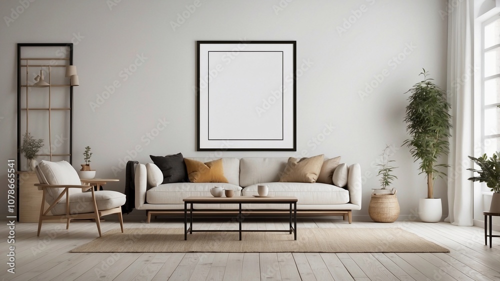 Fototapeta premium Living room interior with white empty poster on the wall