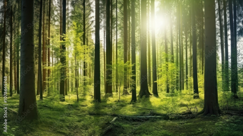 Obraz premium Sunbeams shining through tall trees in a lush green forest.