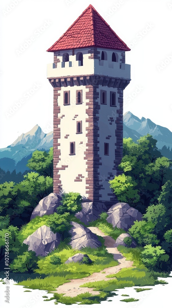 Fototapeta premium Medieval Stone Tower on a Hilltop with Mountains in the Background