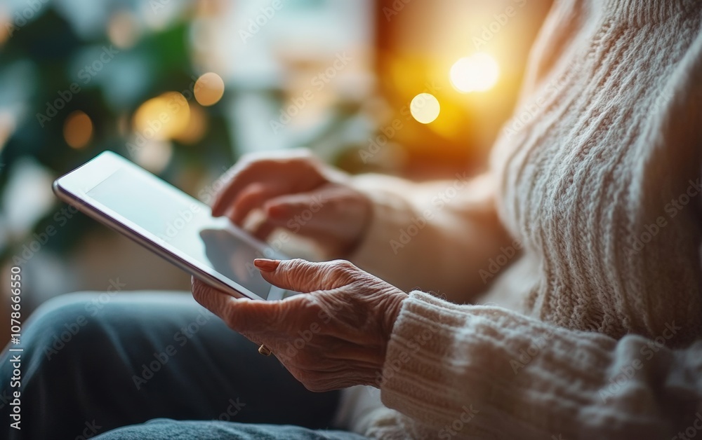 Close-up of an Elderly Woman's Hands Deftly Navigating a Tablet, Illuminated by Warm, Blurry Light Close-up of an Elderly Woman's Hands Deftly Navigating a Tablet, Illuminated by Warm, Blurry Light