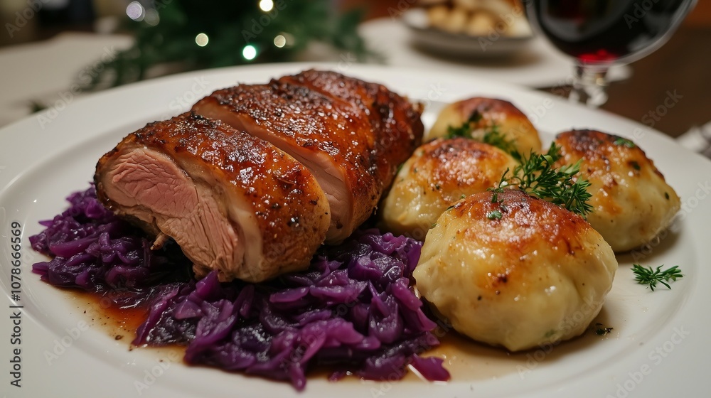 A Roasted Duck Breast with homemade cabbage and potato dumplings. Perfect for festive menu suggestions and cookbook inspo. A Roasted Duck Breast with homemade cabbage and potato dumplings. Perfect for festive menu suggestions and cookbook inspo.