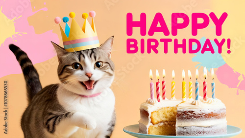 A Cat's Birthday Party: A festive and colorful image of a cat celebrating its birthday with cake and a party hat. Happy Birthday. 2