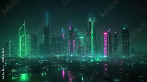 A futuristic cityscape illuminated by neon lights at night, with tall skyscrapers and reflections in the water.