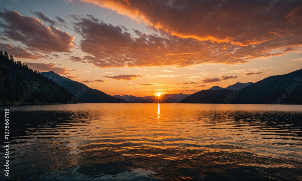 The sun sets behind mountains, casting a golden glow on a still lake The sun sets behind mountains, casting a golden glow on a still lake
