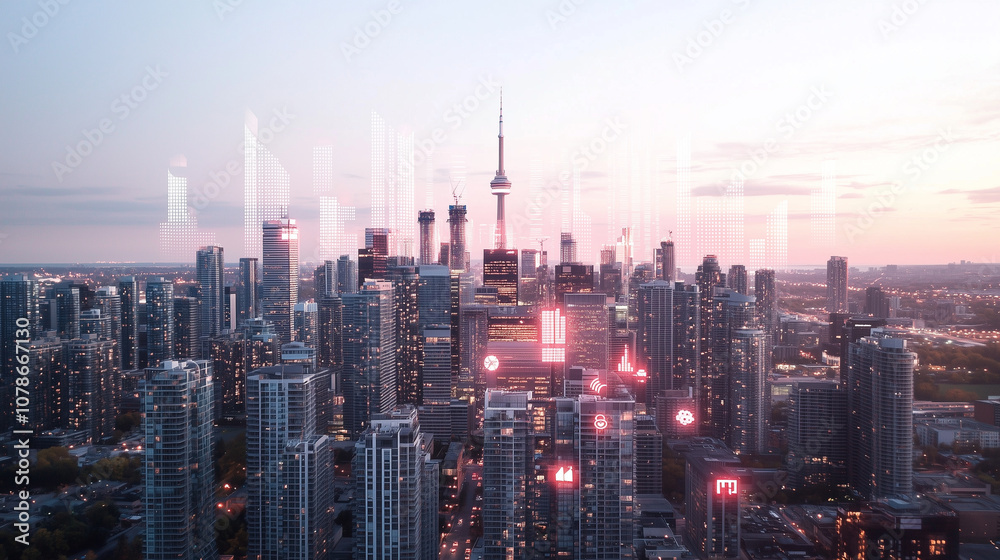 Fototapeta premium Aerial Cityscape with Holographic Risk Management Icons